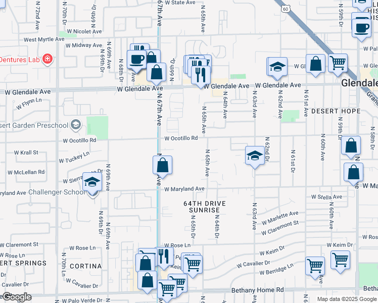 map of restaurants, bars, coffee shops, grocery stores, and more near 6575 West Ocotillo Road in Glendale