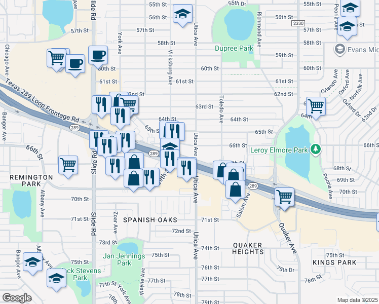 map of restaurants, bars, coffee shops, grocery stores, and more near 4802 South Loop 289 in Lubbock