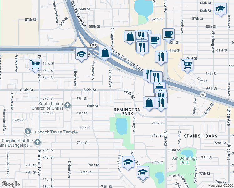 map of restaurants, bars, coffee shops, grocery stores, and more near 6603 Bangor Avenue in Lubbock