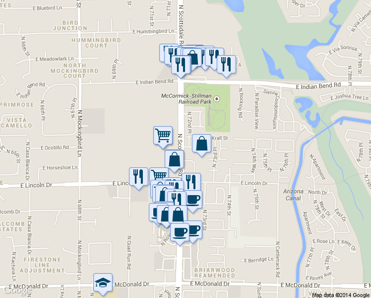 map of restaurants, bars, coffee shops, grocery stores, and more near 6701 North Scottsdale Road in Scottsdale