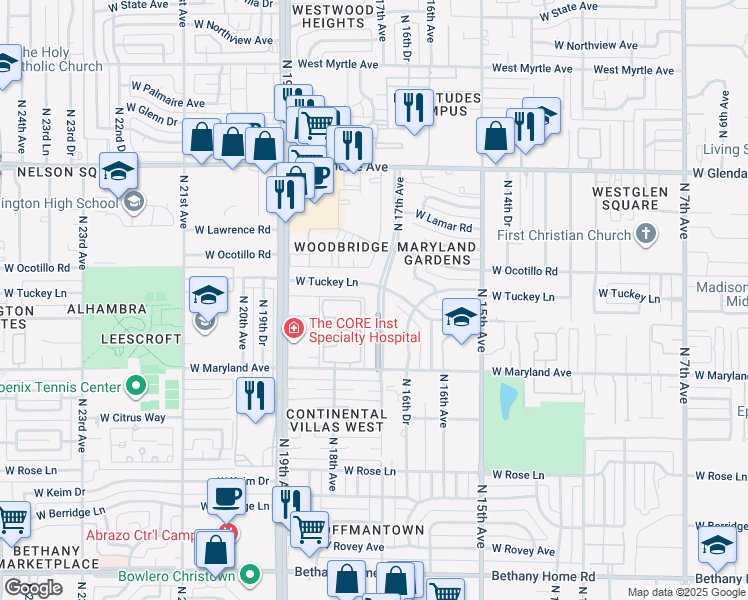 map of restaurants, bars, coffee shops, grocery stores, and more near 1701 West Tuckey Lane in Phoenix