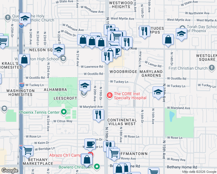 map of restaurants, bars, coffee shops, grocery stores, and more near 6605 North 19th Avenue in Phoenix