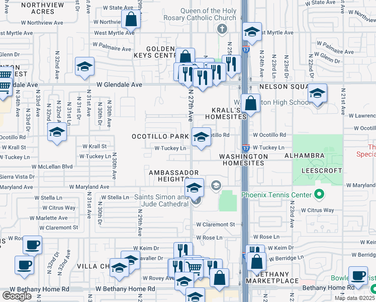 map of restaurants, bars, coffee shops, grocery stores, and more near 2715 West Tuckey Lane in Phoenix