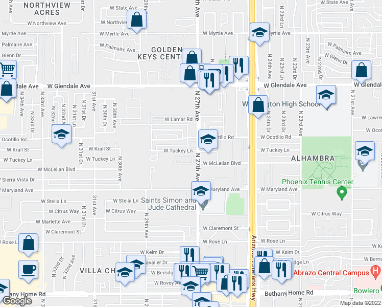 map of restaurants, bars, coffee shops, grocery stores, and more near 2715 West Tuckey Lane in Phoenix