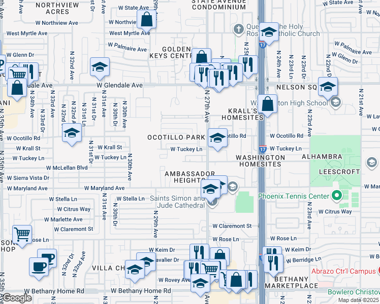 map of restaurants, bars, coffee shops, grocery stores, and more near 2748 West Tuckey Lane in Phoenix