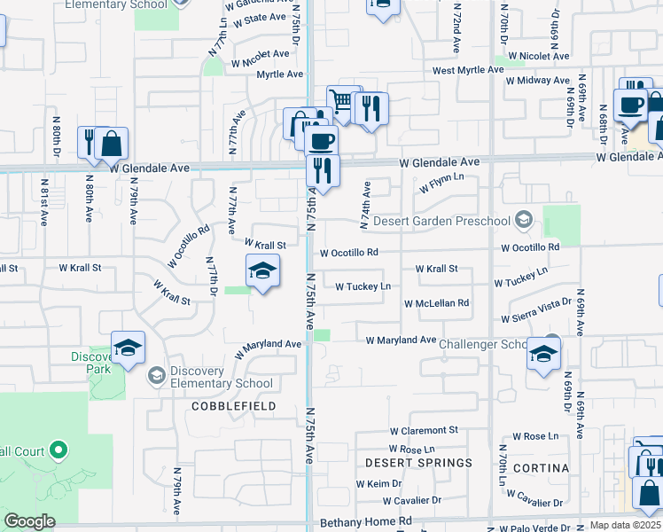 map of restaurants, bars, coffee shops, grocery stores, and more near 7434 West Krall Street in Glendale