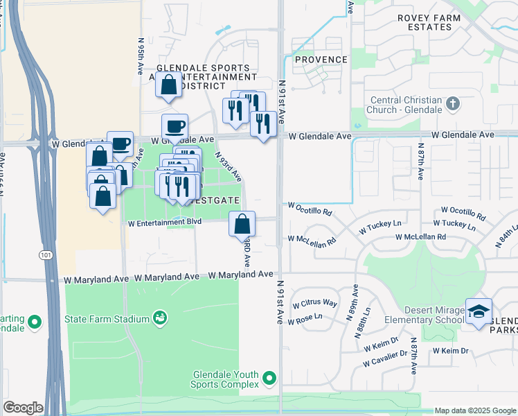 map of restaurants, bars, coffee shops, grocery stores, and more near 1105 North 93RD Avenue in Glendale