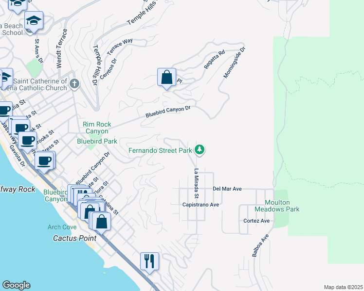 map of restaurants, bars, coffee shops, grocery stores, and more near 1385 Katella Street in Laguna Beach