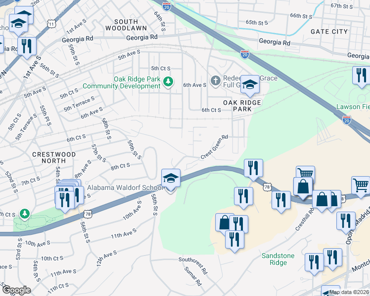 map of restaurants, bars, coffee shops, grocery stores, and more near 6109 Meadow Crest Circle in Birmingham