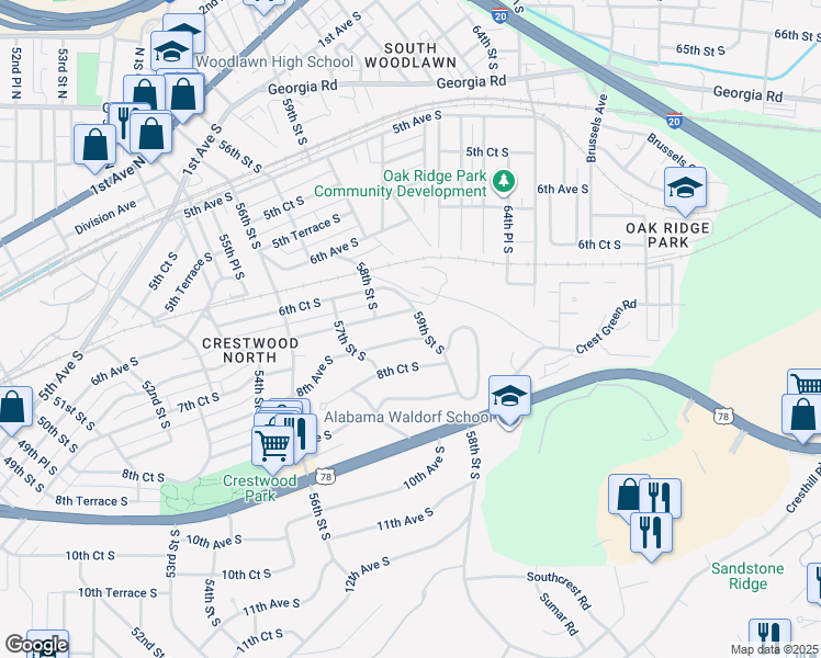 map of restaurants, bars, coffee shops, grocery stores, and more near 5813 7th Avenue South in Birmingham