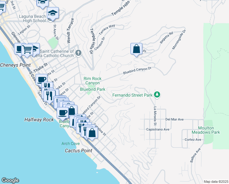 map of restaurants, bars, coffee shops, grocery stores, and more near 1013 Summit Way in Laguna Beach