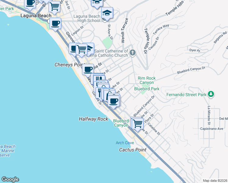 map of restaurants, bars, coffee shops, grocery stores, and more near 1262 Catalina Street in Laguna Beach