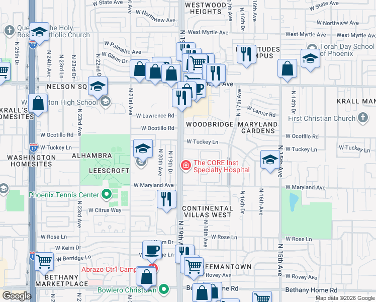 map of restaurants, bars, coffee shops, grocery stores, and more near 6605 North 19th Avenue in Phoenix
