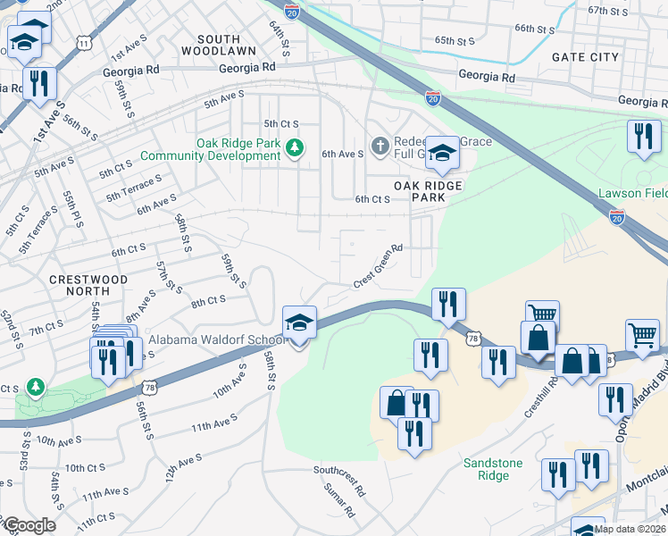 map of restaurants, bars, coffee shops, grocery stores, and more near 6109 Meadow Crest Circle in Birmingham