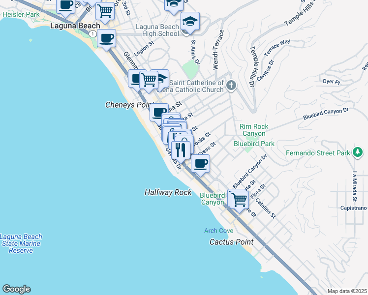 map of restaurants, bars, coffee shops, grocery stores, and more near Glenneyre Street in Laguna Beach