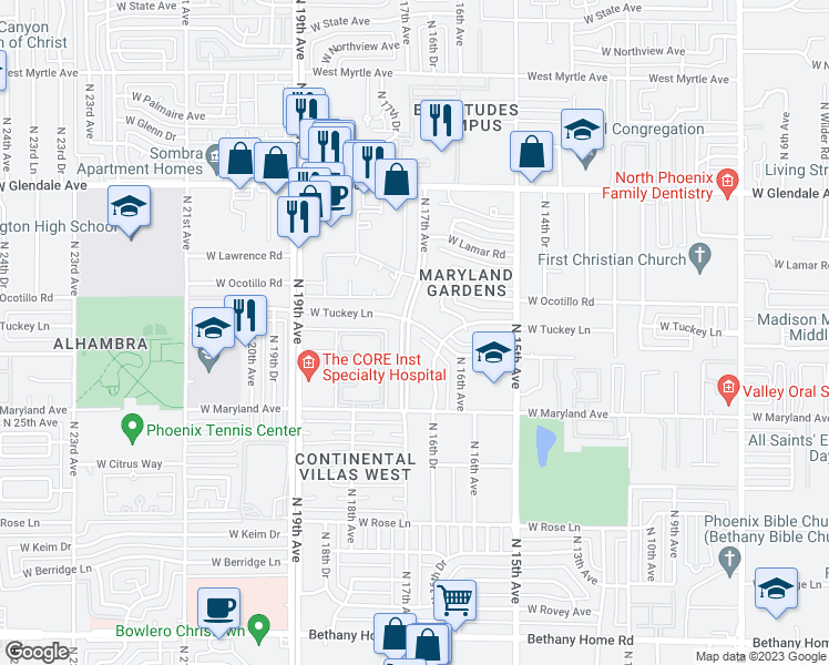 map of restaurants, bars, coffee shops, grocery stores, and more near in Phoenix