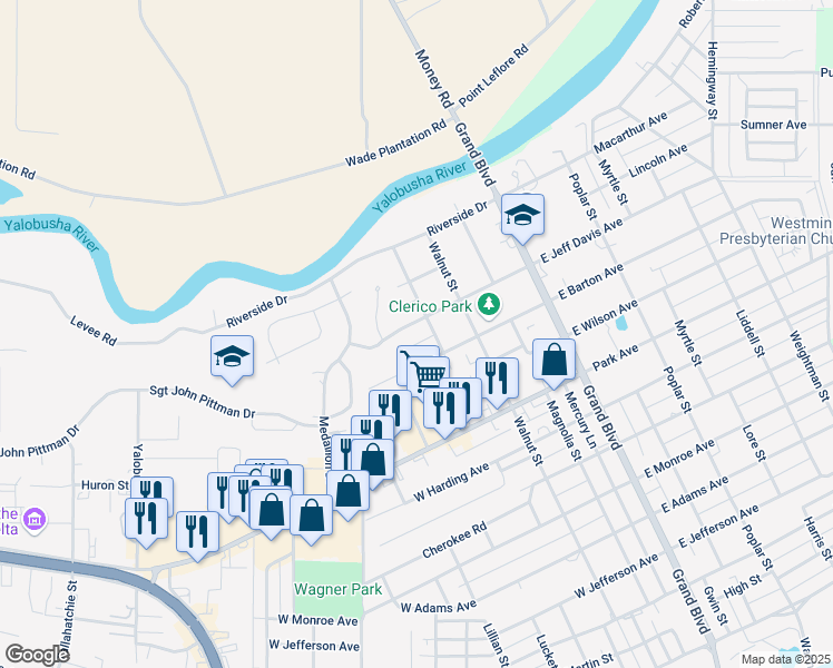 map of restaurants, bars, coffee shops, grocery stores, and more near 407 West Jeff Davis Avenue in Greenwood
