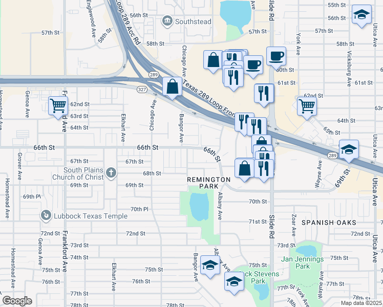 map of restaurants, bars, coffee shops, grocery stores, and more near 6603 Bangor Avenue in Lubbock