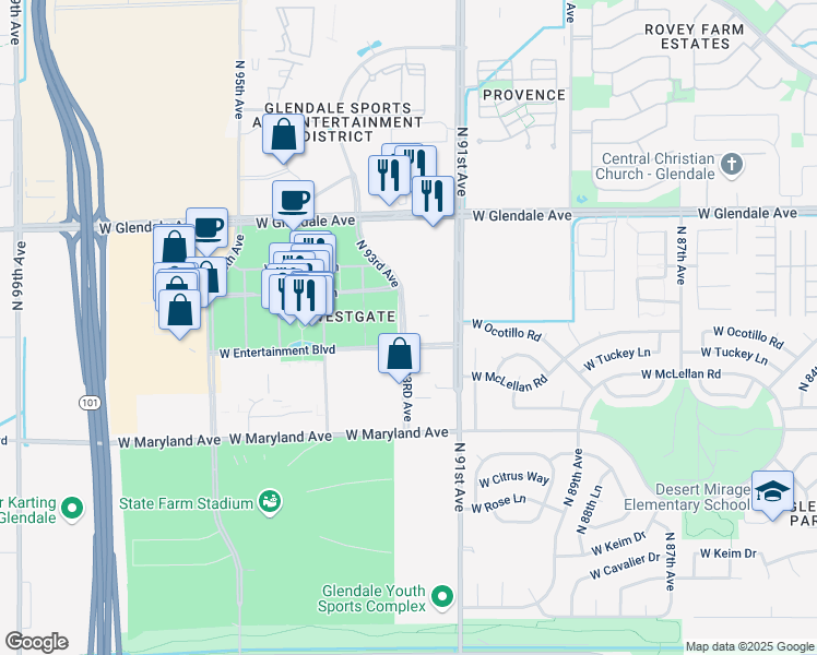 map of restaurants, bars, coffee shops, grocery stores, and more near 1105 North 93RD Avenue in Glendale