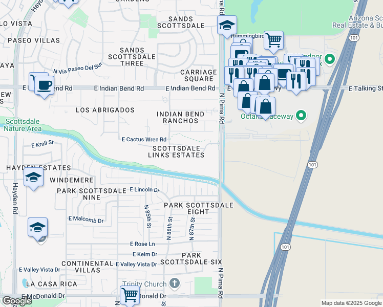 map of restaurants, bars, coffee shops, grocery stores, and more near 8673 East Krail Street in Scottsdale