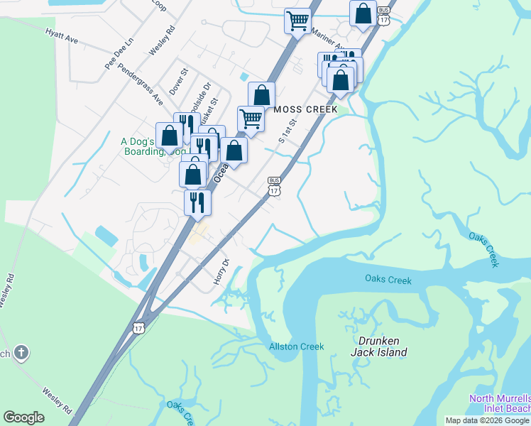 map of restaurants, bars, coffee shops, grocery stores, and more near 5147 U.S. 17 Business in Murrells Inlet