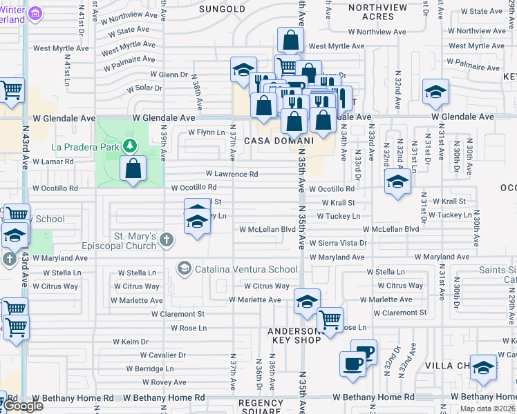 map of restaurants, bars, coffee shops, grocery stores, and more near 3613 West Krall Street in Phoenix