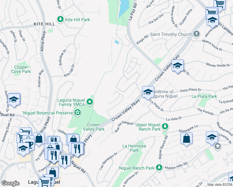map of restaurants, bars, coffee shops, grocery stores, and more near 24342 Park Place Drive in Laguna Niguel