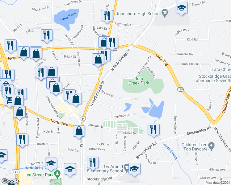 map of restaurants, bars, coffee shops, grocery stores, and more near 112 Burkshire Court in Jonesboro