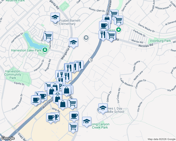 map of restaurants, bars, coffee shops, grocery stores, and more near 40147 Starling Street in Temecula