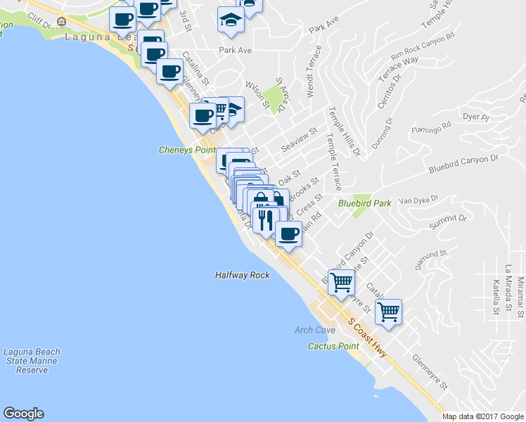 map of restaurants, bars, coffee shops, grocery stores, and more near 1175 Glenneyre Street in Laguna Beach