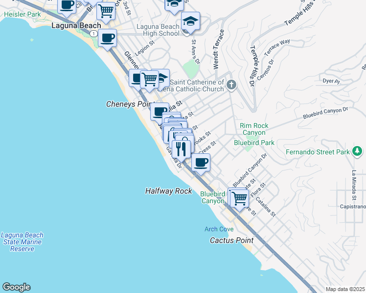 map of restaurants, bars, coffee shops, grocery stores, and more near 1175 Glenneyre Street in Laguna Beach