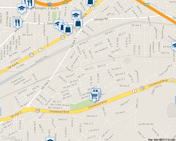 map of restaurants, bars, coffee shops, grocery stores, and more near 5423 6th Court South in Birmingham
