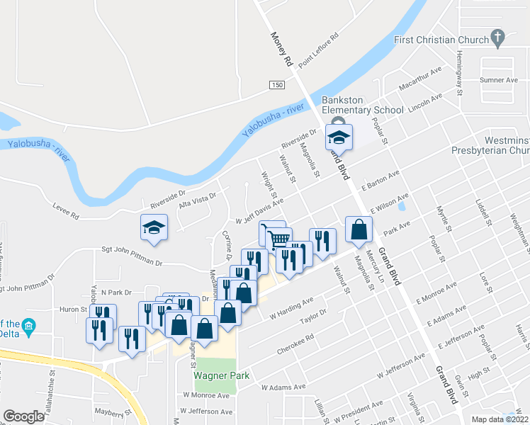 map of restaurants, bars, coffee shops, grocery stores, and more near 407 West Jeff Davis Avenue in Greenwood