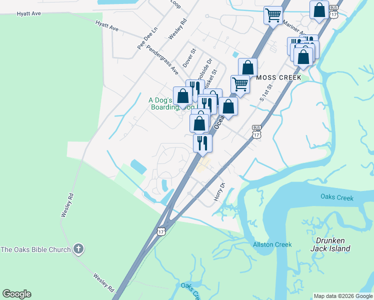 map of restaurants, bars, coffee shops, grocery stores, and more near 10 Acorn Court in Murrells Inlet