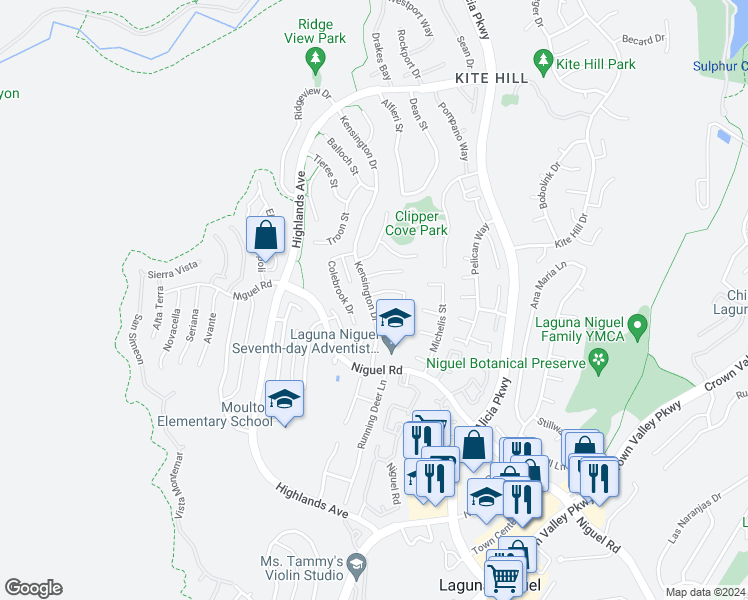 map of restaurants, bars, coffee shops, grocery stores, and more near 23482 Belmar Drive in Laguna Niguel