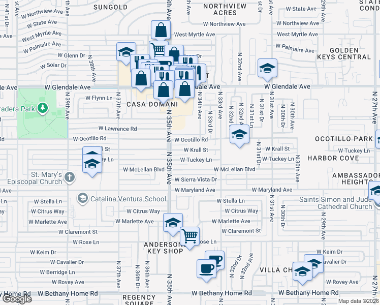 map of restaurants, bars, coffee shops, grocery stores, and more near 3415 West Krall Street in Phoenix