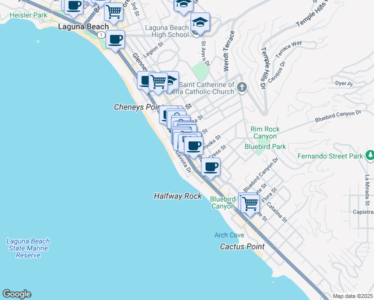 map of restaurants, bars, coffee shops, grocery stores, and more near 1100 South Coast Highway in Laguna Beach