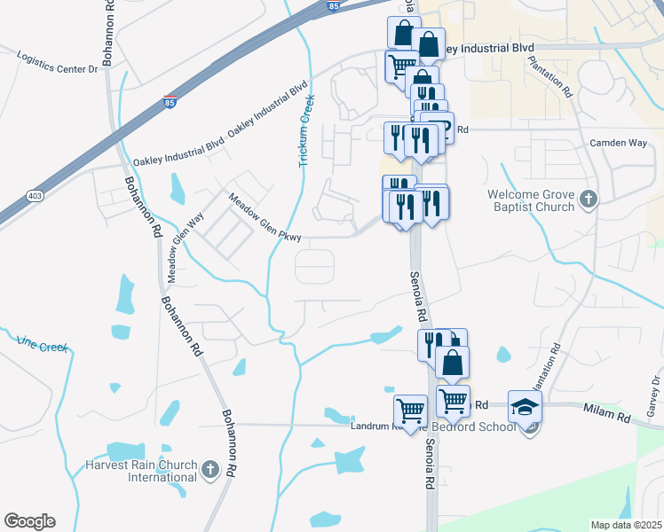 map of restaurants, bars, coffee shops, grocery stores, and more near 1040 Meadow Glen Circle in Fairburn
