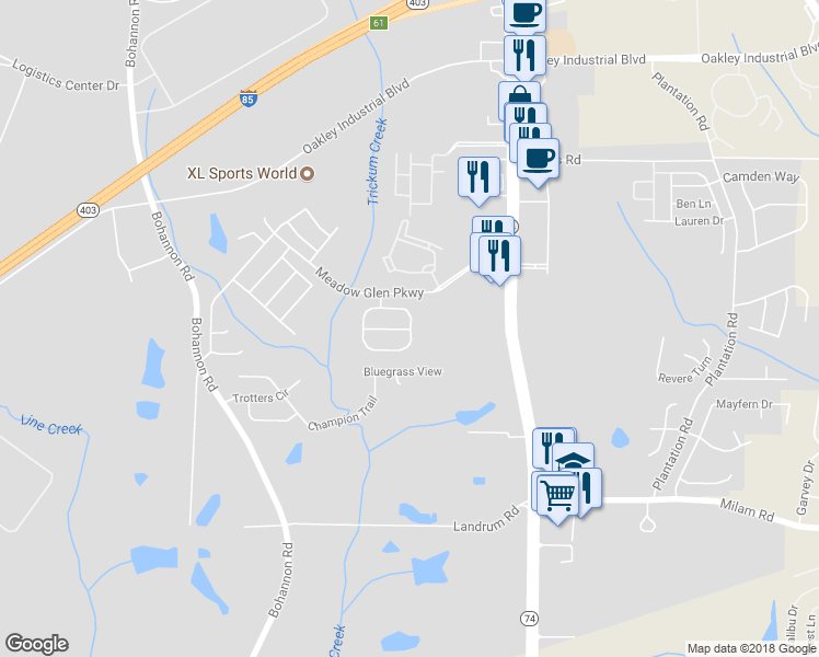 map of restaurants, bars, coffee shops, grocery stores, and more near 1040 Meadow Glen Circle in Fairburn