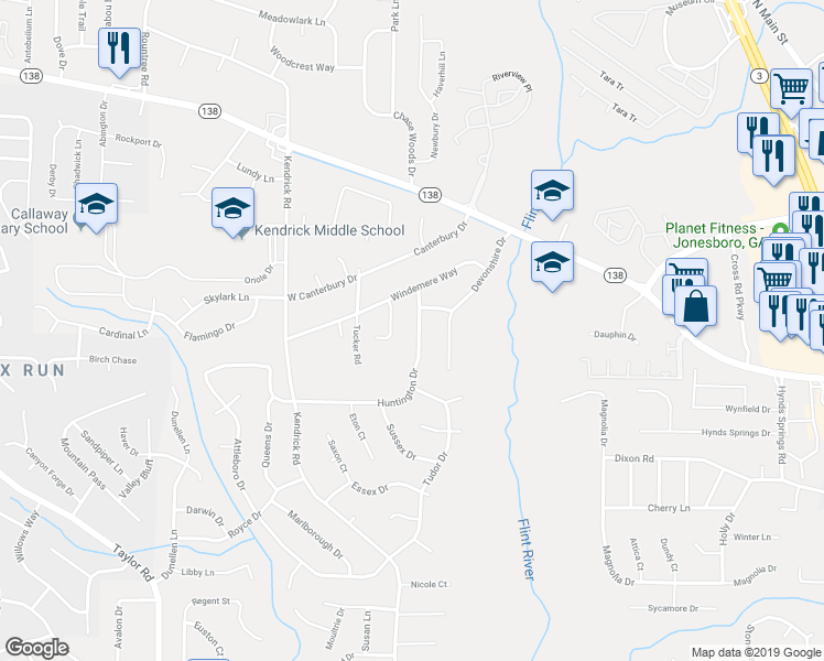 map of restaurants, bars, coffee shops, grocery stores, and more near 8075 Huntington Drive in Jonesboro