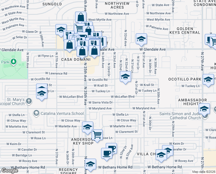 map of restaurants, bars, coffee shops, grocery stores, and more near 3323 West Krall Street in Phoenix