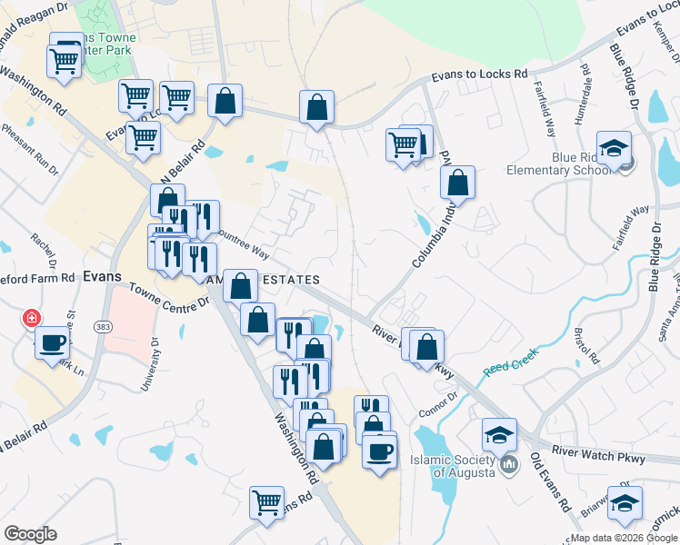 map of restaurants, bars, coffee shops, grocery stores, and more near 415 Evans Mill Circle in Evans