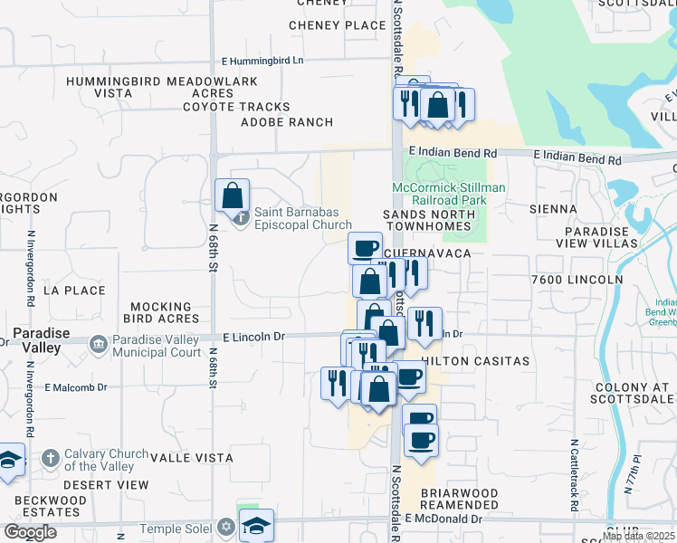 map of restaurants, bars, coffee shops, grocery stores, and more near 6635 North 70th Place in Paradise Valley