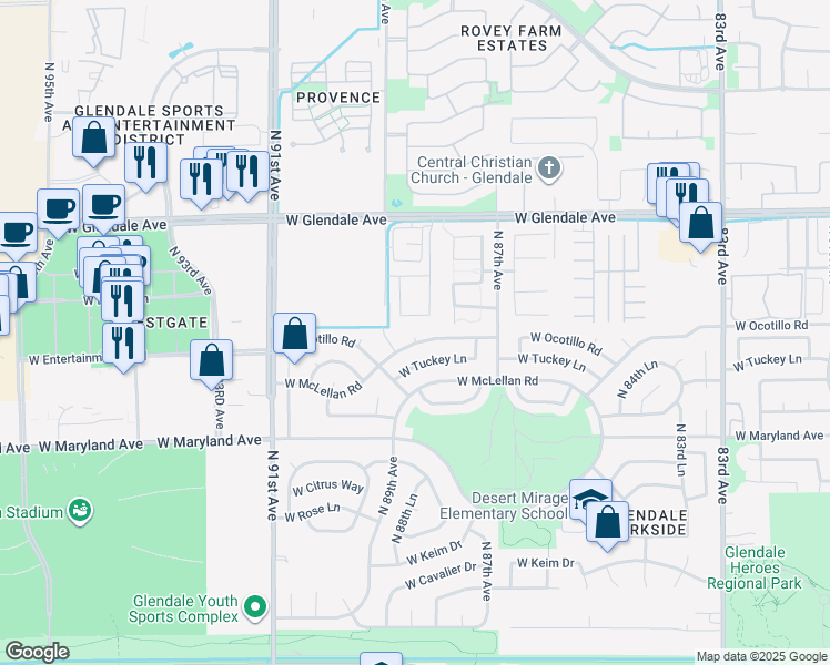 map of restaurants, bars, coffee shops, grocery stores, and more near 8758 West Ocotillo Road in Glendale