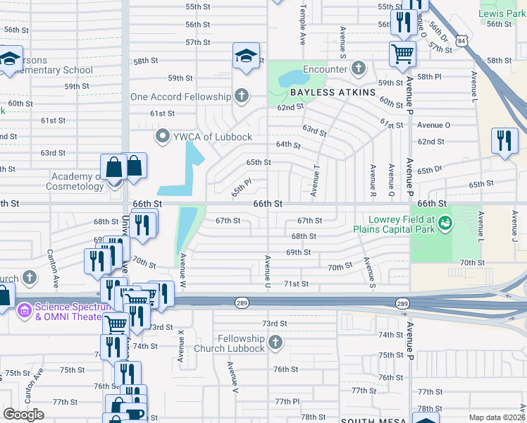map of restaurants, bars, coffee shops, grocery stores, and more near 2101 66th St in Lubbock