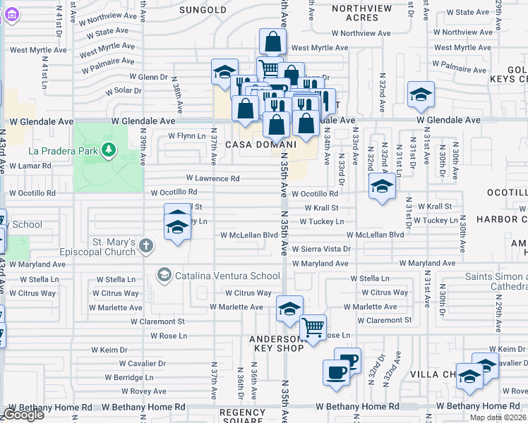 map of restaurants, bars, coffee shops, grocery stores, and more near 3525 W Krall St in Phoenix