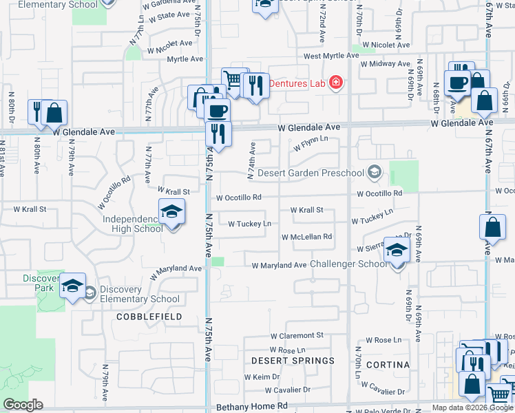 map of restaurants, bars, coffee shops, grocery stores, and more near 7339 West Ocotillo Road in Glendale
