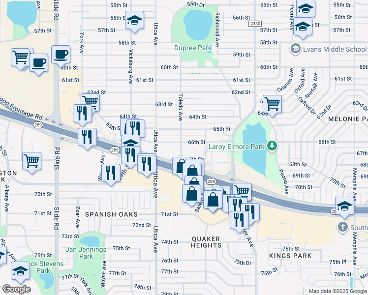 map of restaurants, bars, coffee shops, grocery stores, and more near 4619 66th Street in Lubbock