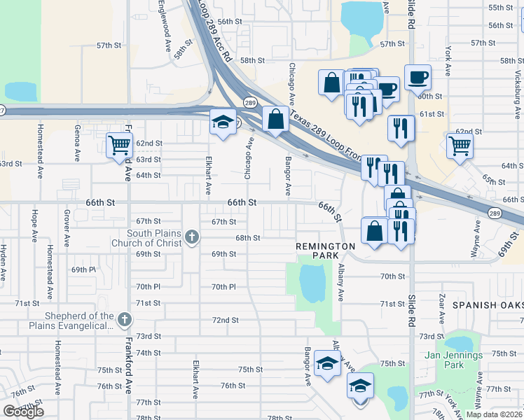 map of restaurants, bars, coffee shops, grocery stores, and more near 6603 Brentwood Avenue in Lubbock