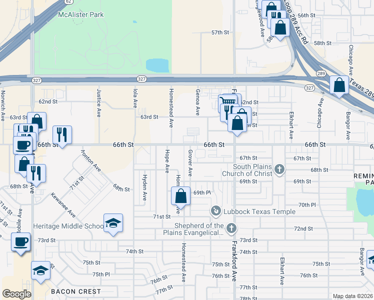 map of restaurants, bars, coffee shops, grocery stores, and more near 5917 66th Street in Lubbock